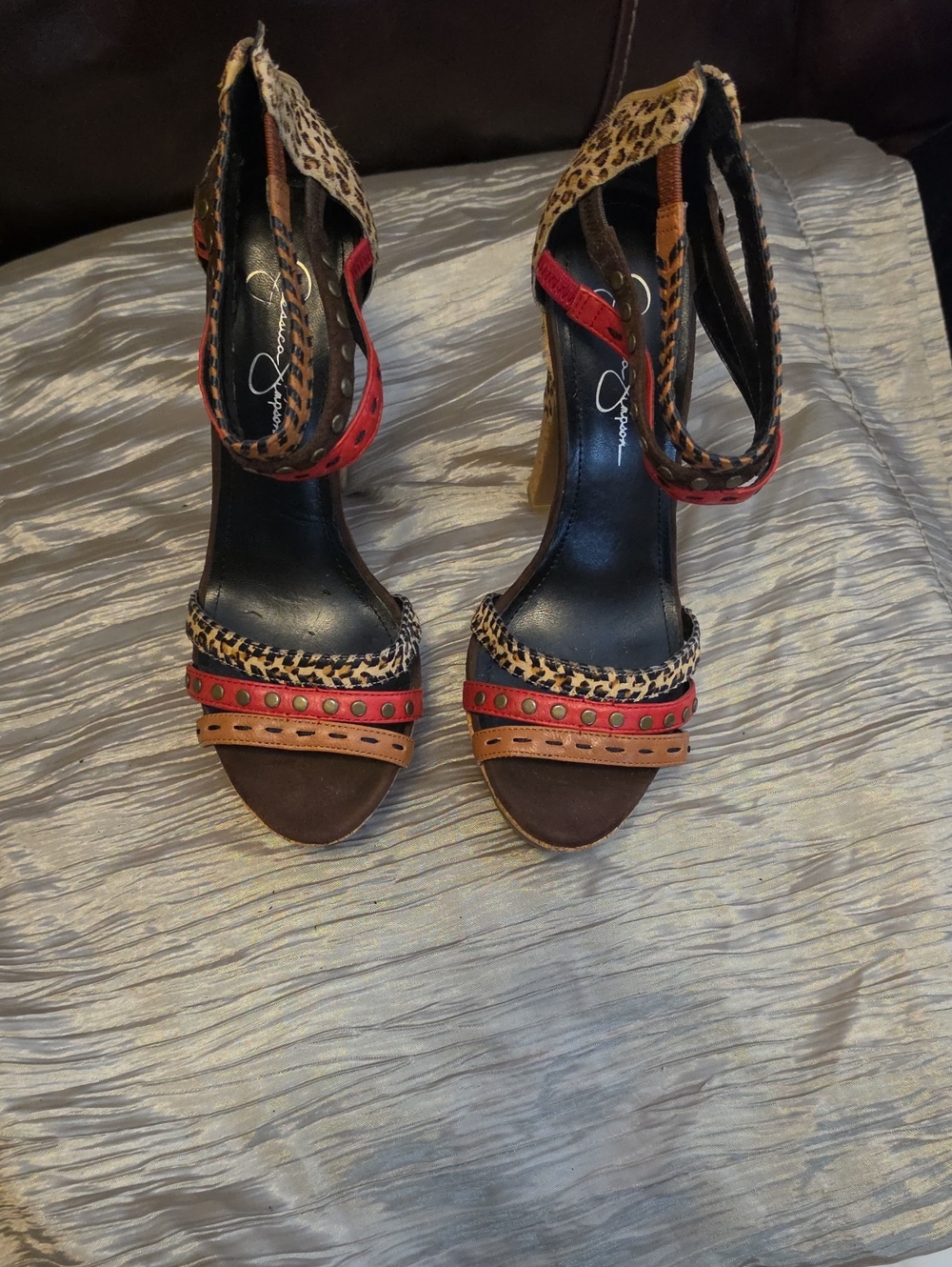 Jessica Simpson Leopard-Print and Red Multi-Strap Heels